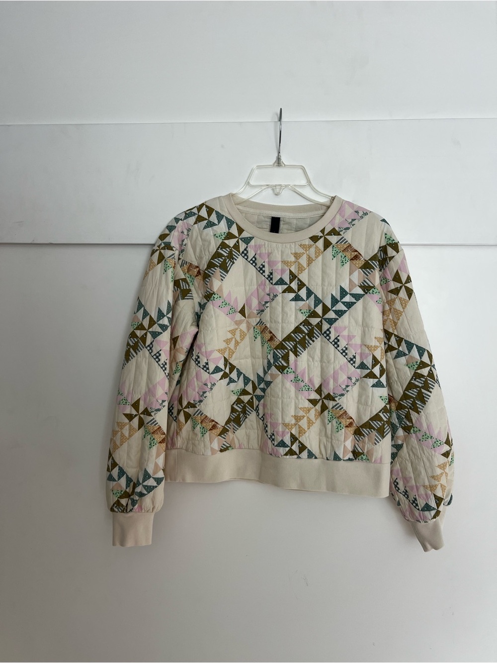 Quilted Patchwork Crewneck Sweatshirt - Cream with Pink & Green